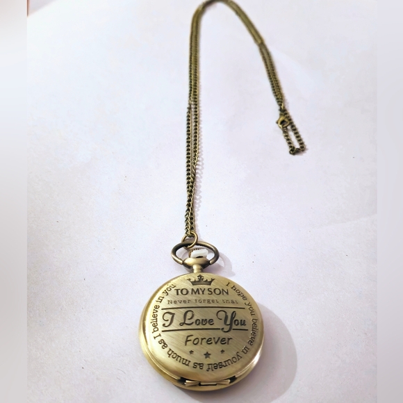"To My Son" Pocket Watch W/Winder & Long Chain - Picture 2 of 5